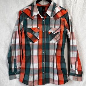 Wrangler Women Medium Retro Peach Turquoise LS Western Pearl Snap Shirt Cowgirl